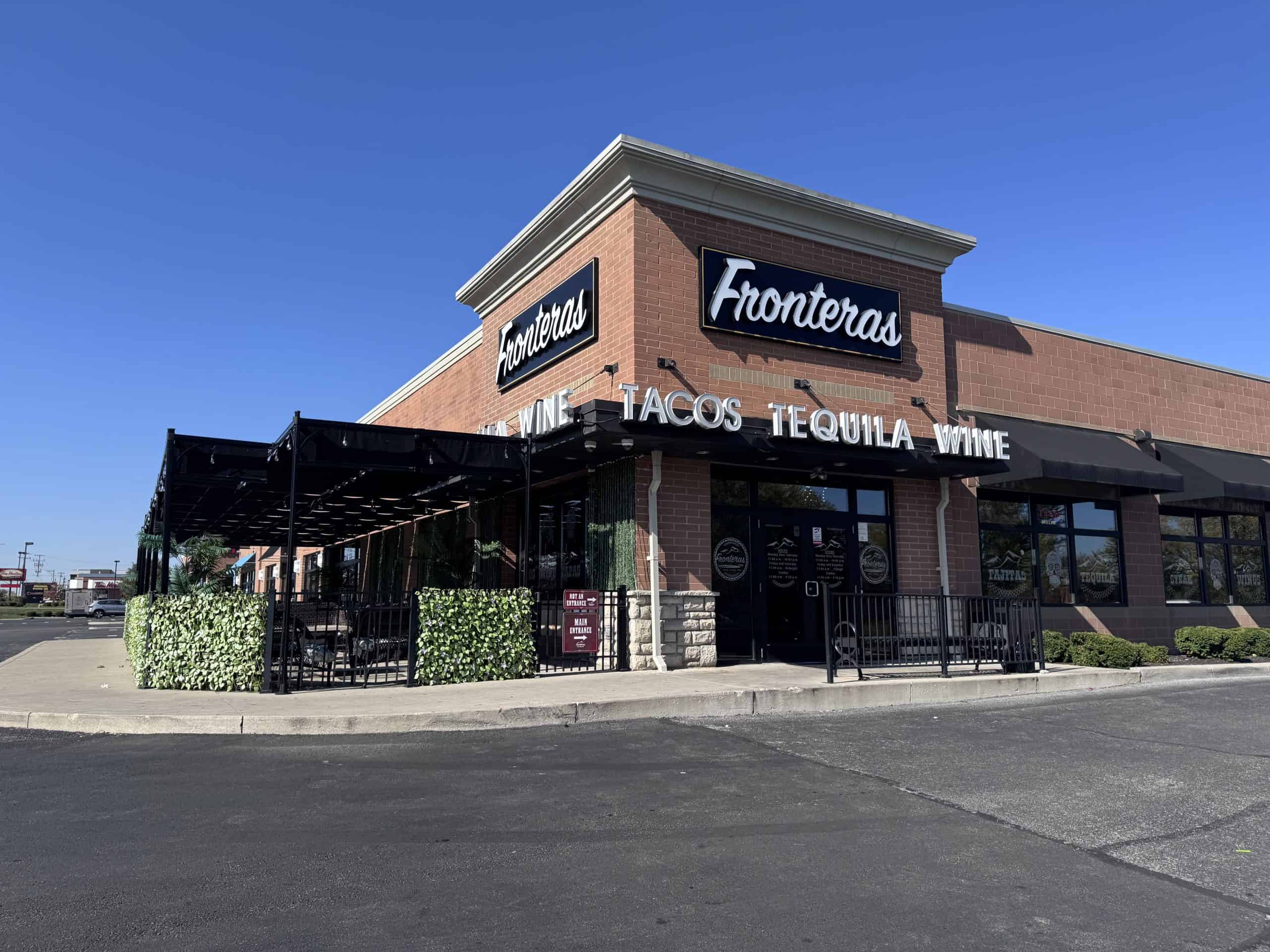 Exterior picture of Fronteras restaurant. Front door and patio.