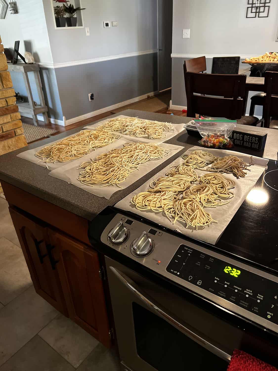 Pasta drying on our kitchen countertop at home